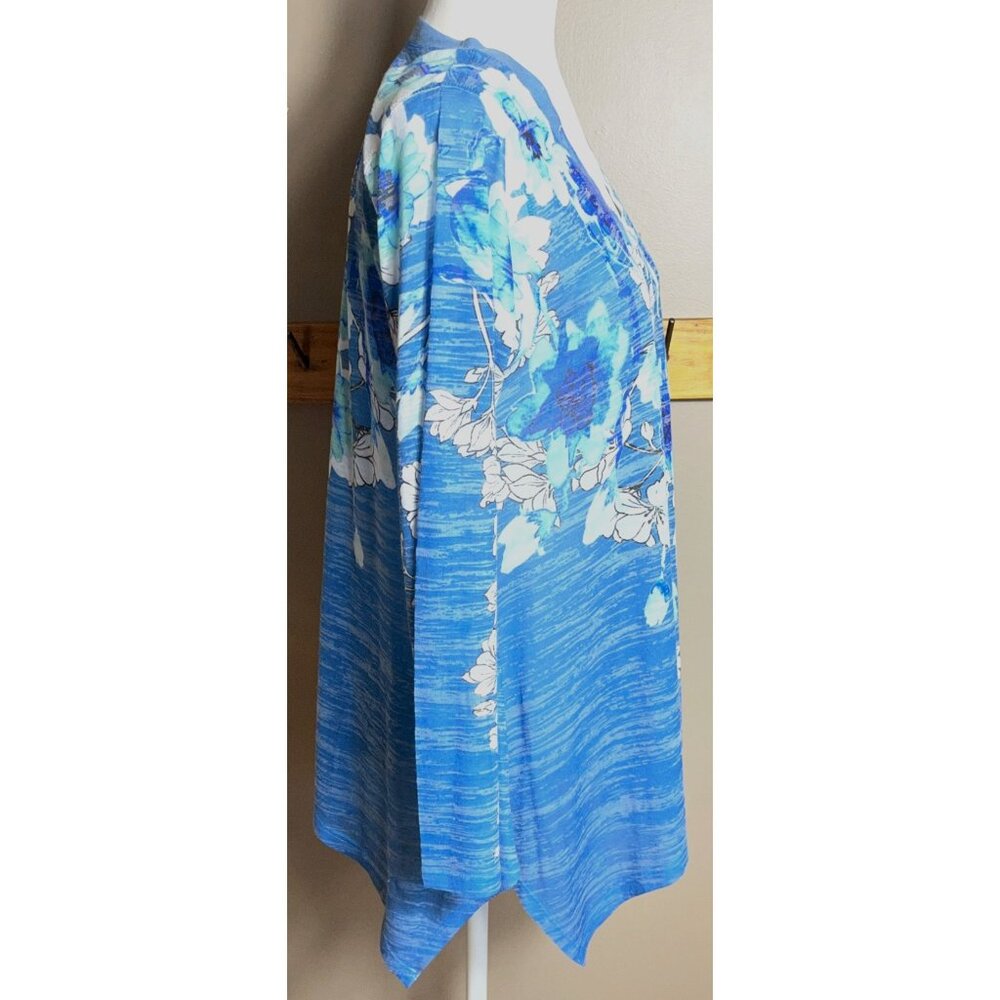 Inoah Art to Wear Top Blue Bold Floral Knit Handkerchief Lightweight Tunic Wom M - Picture 7 of 7